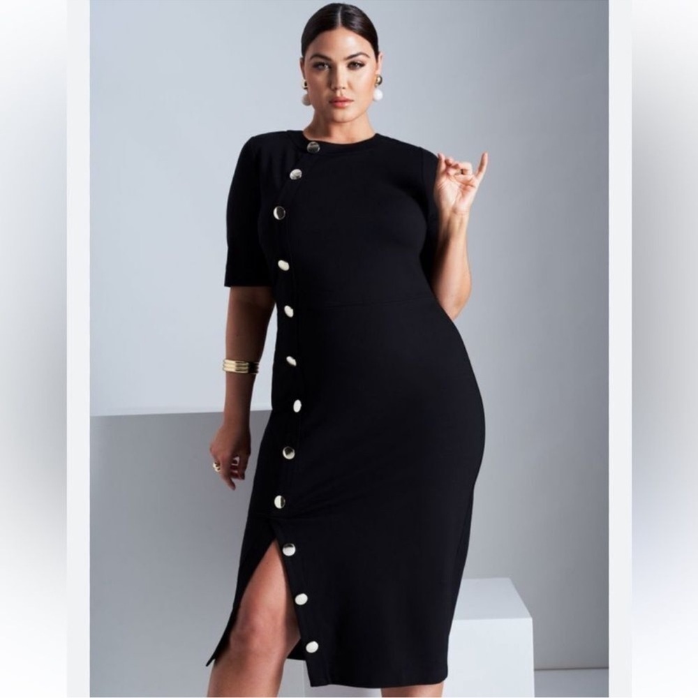 Eloquii Black Button Accent Front Slit Knee Length Dress